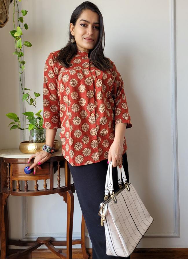 Cotton Red Casual Wear Printed Readymade Peplum Top